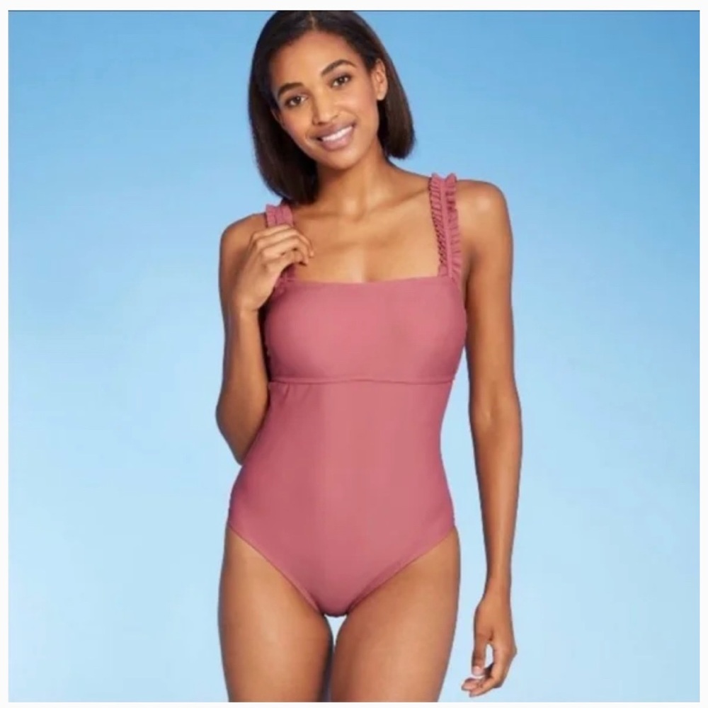 NWT Kona Sol Women's Mauve Square Neck Ruffle Shoulder One Piece Swim